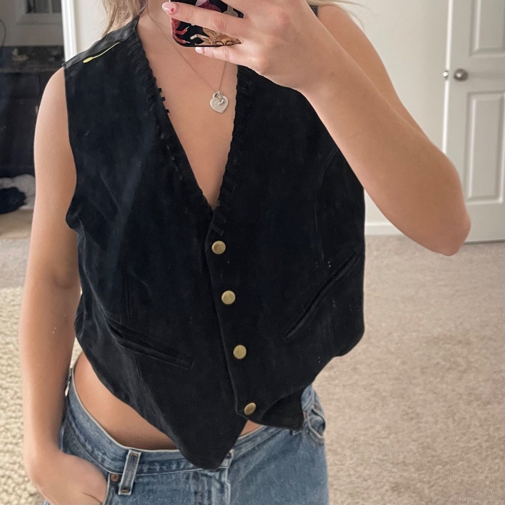 Vintage Western Boho Suede‎ Whipstitch Neckline Vest